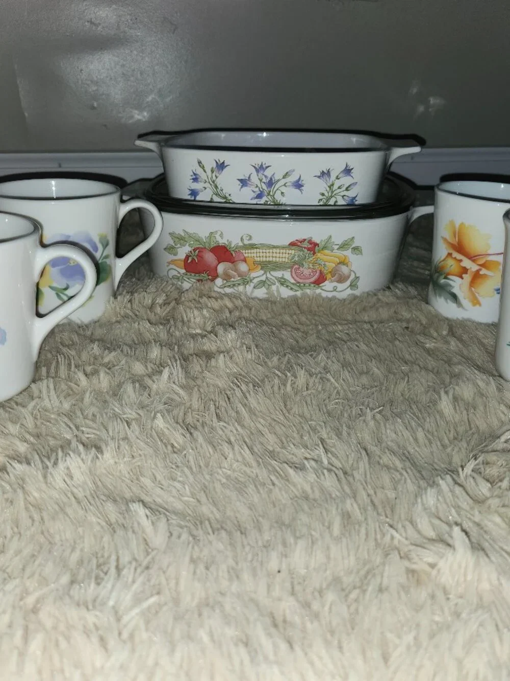 CorningWare casseroles and mugs